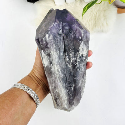 Elestial Amethyst Large Point in a hand for size