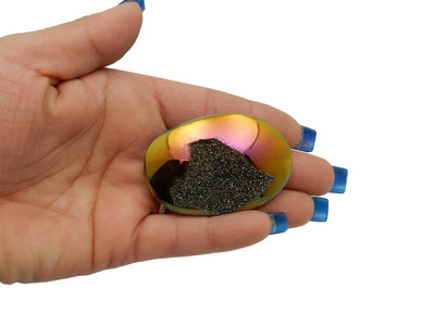 Mystic Titanium Druzy Oval Cabachon, Gold shown in hand for size reference