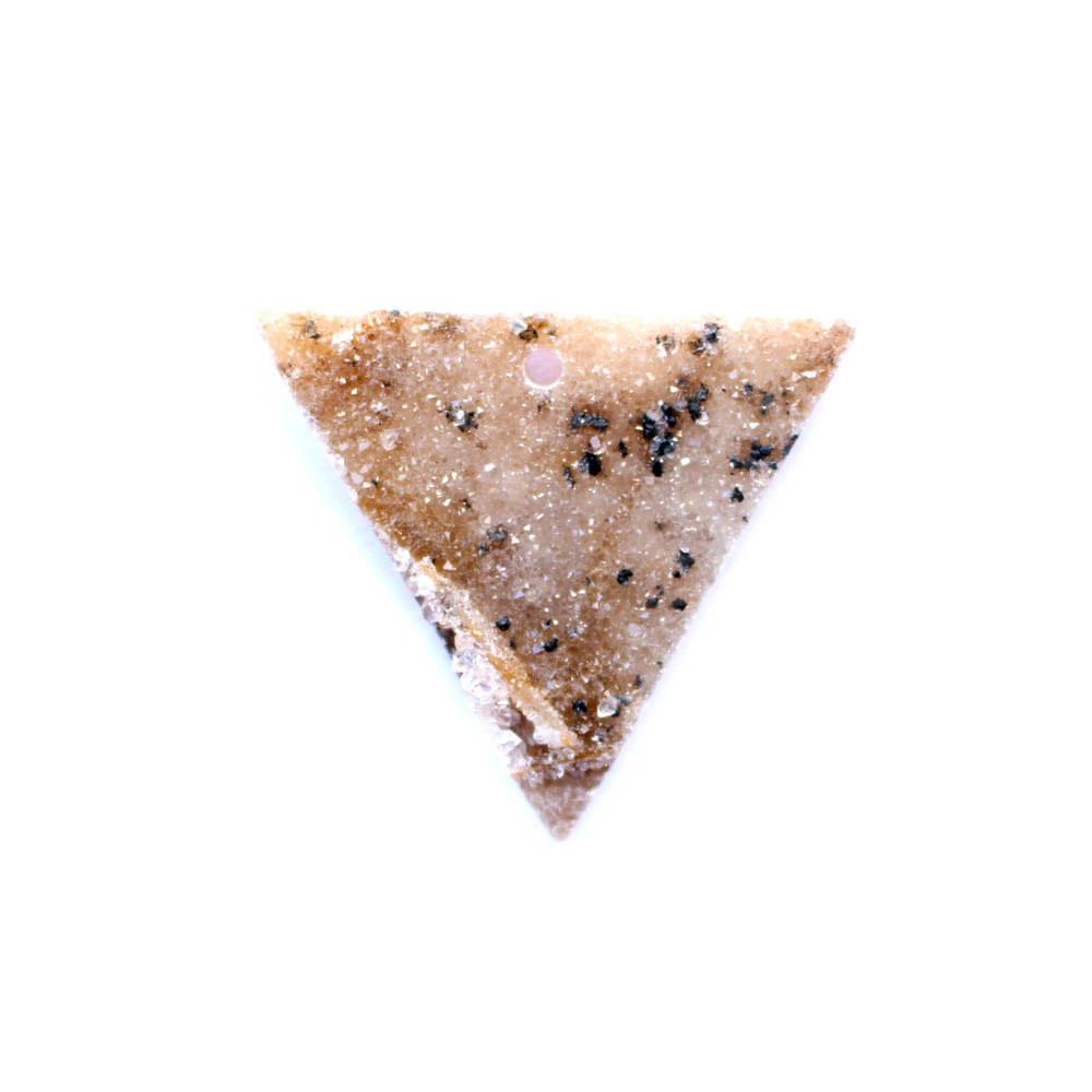 Triangle Drilled Cabochon Druzy--Close up view of shape and size detail with drilled hole in the middle and druzy pattern.