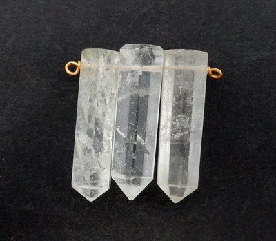 Triple Crystal Quartz Pencil Point Pendant With Gold Plated Wire Bails - close up