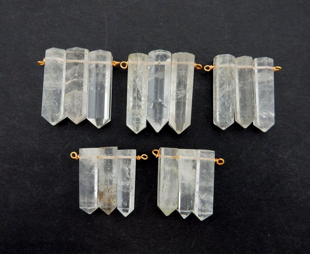 Triple Crystal Quartz Pencil Point Pendant With Gold Plated Wire Bails - 5 in 2 rows