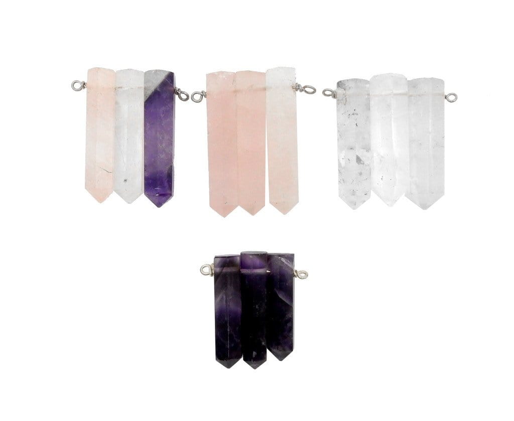 showing different triple points available in other listings on our site, one triple with amethyst, triple quartz, triple rose quartz and one with 1 of each of rose quartz, amethyst, crystal quartz.