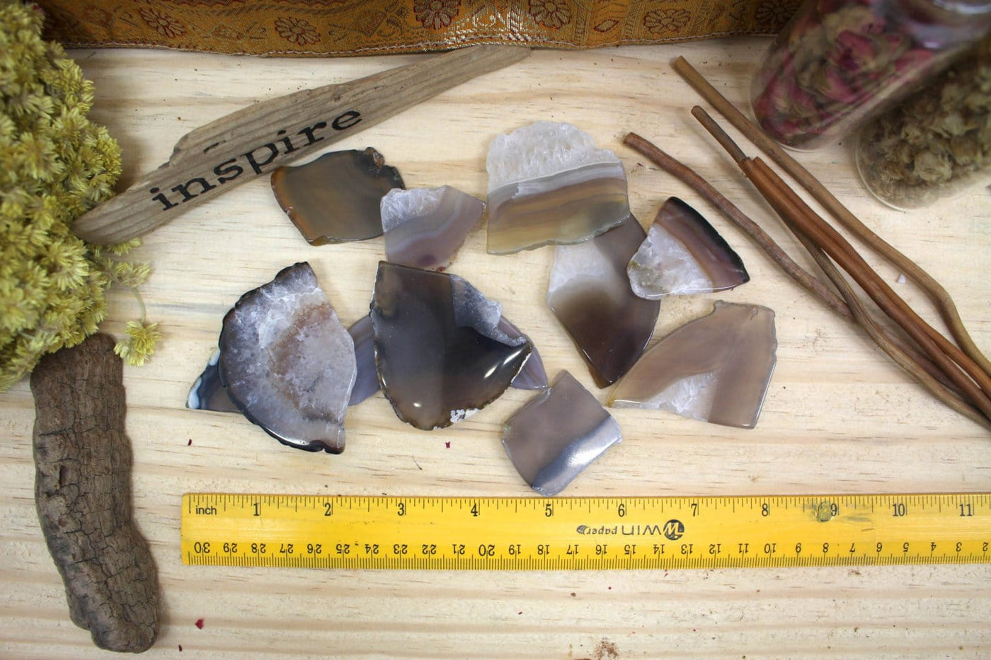 Tumbled Agate Slices of various sizes shown next to a ruler as a size comparison.