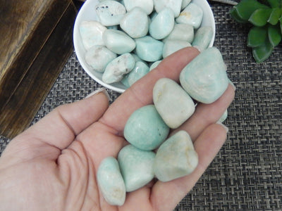 Tumbled stones are being held for size reference, with other stones in the back ground. 