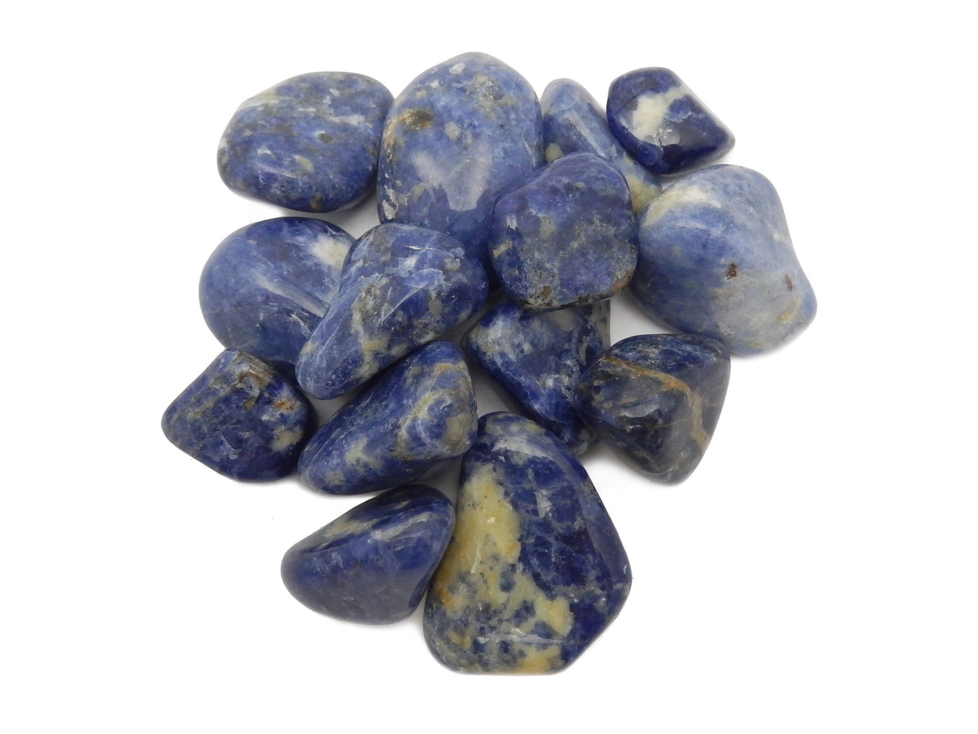 Blue Sodalite Tumbled Gemstones on a white background