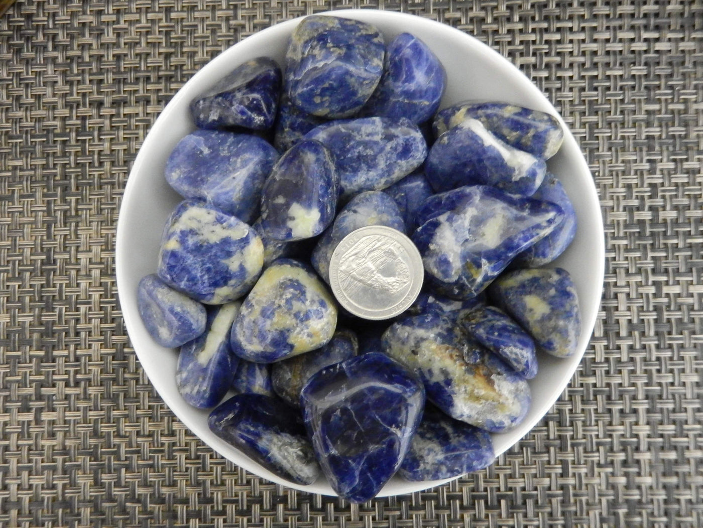 Blue Sodalite Tumbled Gemstones in a bowl with a quarter for size