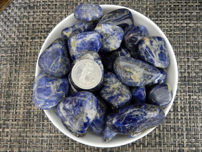 1 lb Blue Sodalite Tumbled Gemstones next to a quarter for size comparison