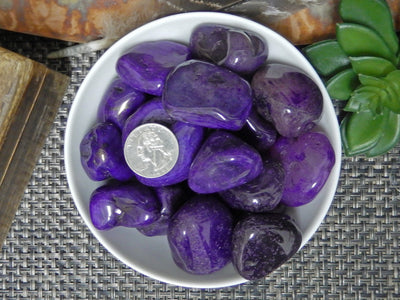 1 lb Purple Dyed Agate Tumbled Gemstones next to a quarter for size comparison