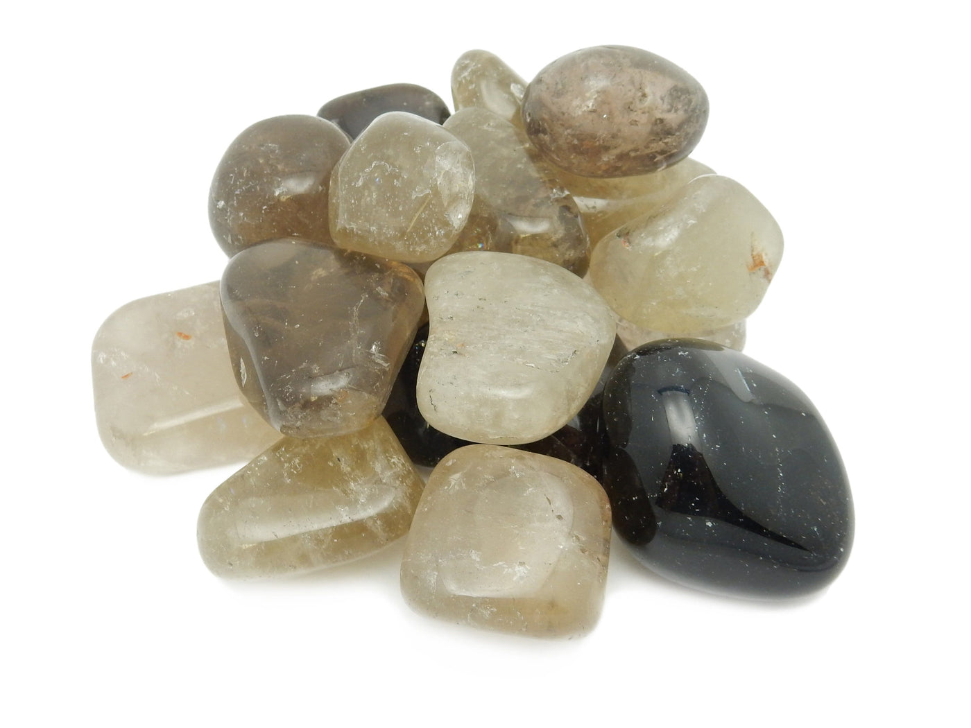 A cluster of tumbled smoky quartz of colors varying from light to dark, presented on a white background