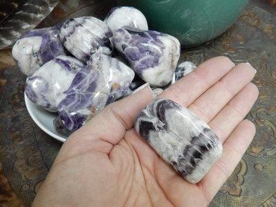 hand holding up tumbled chevron amethyst  with more in the background