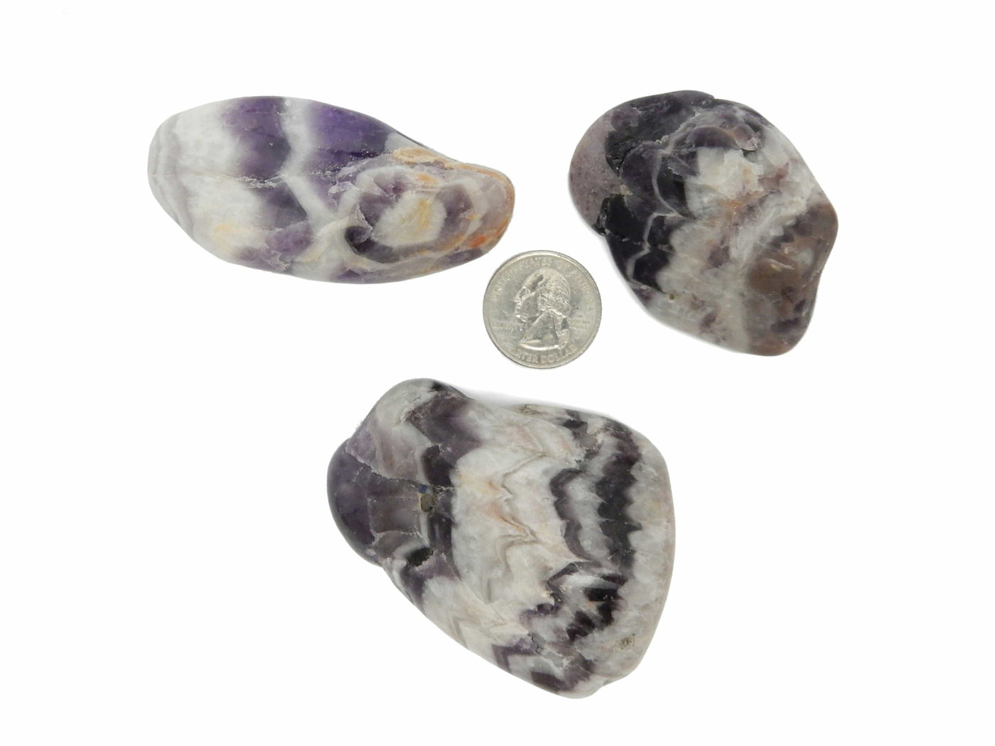 3 tumbled chevron amethyst next to a quarter for size reference on white background