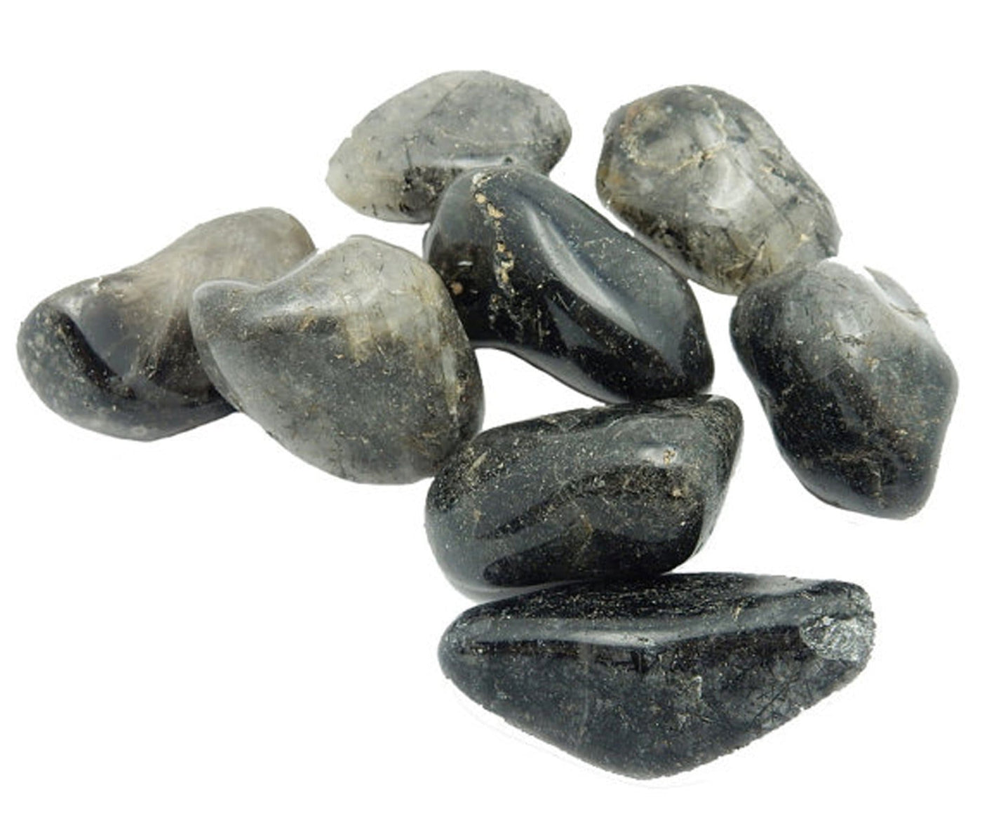 tumbled rutilated stones in a group