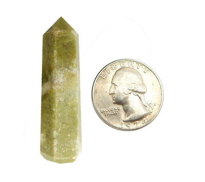 1 Vesonite Crystal Tower Obelisk Point next to a quarter to show size 