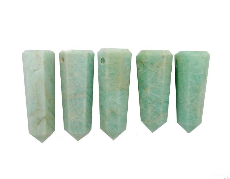 five amazonite tower obelisk points facing down, on a white back ground for display.