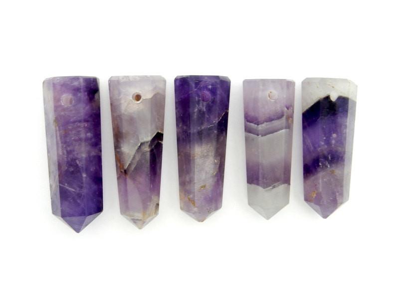 5 Amethyst Tower Obelisk Points DRILLED on white background