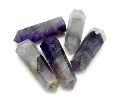 5 Amethyst Tower Obelisk Points DRILLED on white background