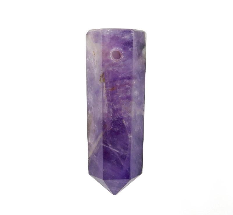up close shot of Amethyst Tower Obelisk Point DRILLED on white background