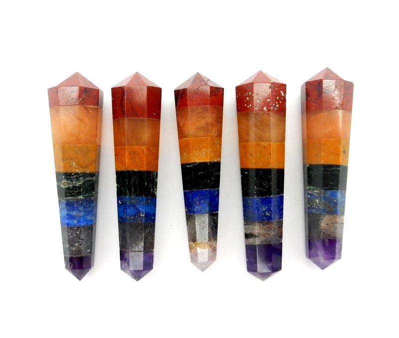 chakra double terminated pencil point wands displayed to show the differences in the stones types