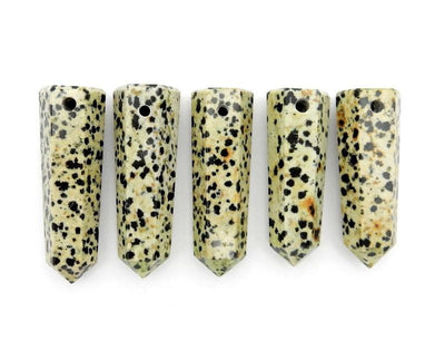 5 Dalmatian Jasper Towers Obelisk Point Top Side Drilled on White Background.