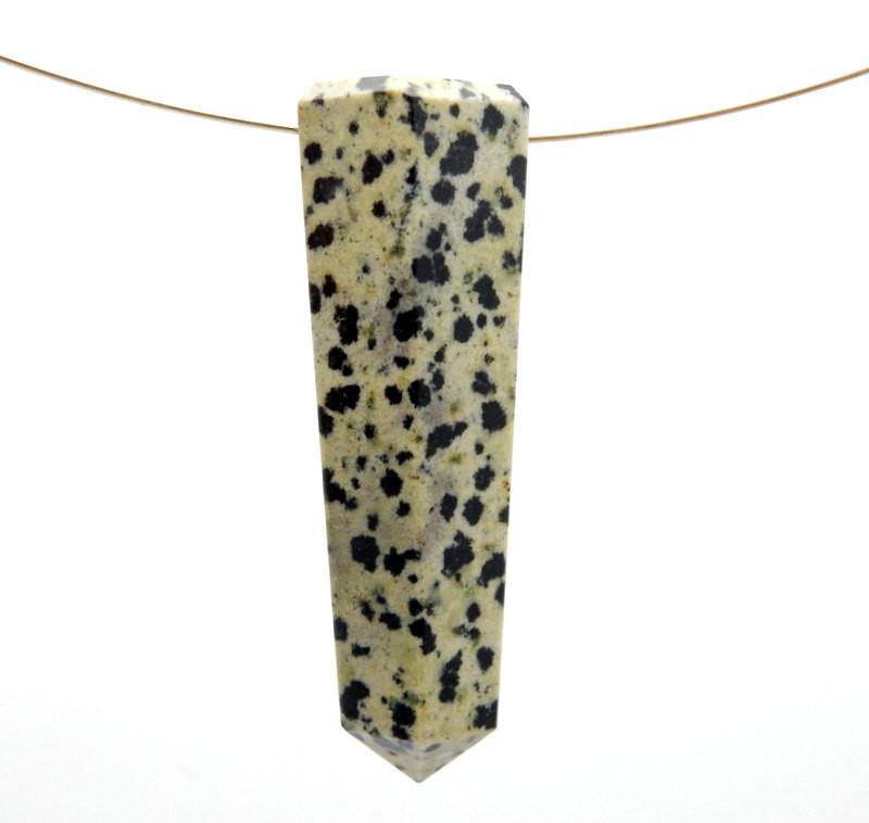 Dalmatian Jasper Tower Obelisk Point Top Side Drilled With Wire Shown as Necklace on White Background.