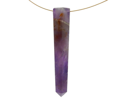 amethyst drilled point displayed on necklace chain 