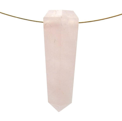 Rose Quartz Tower Obelisk Point hanging on gold wire on white background