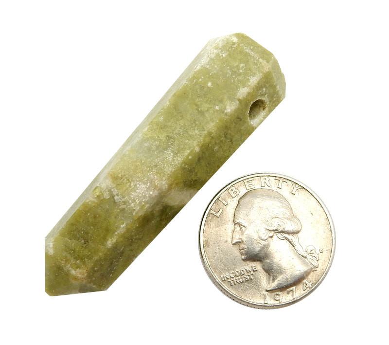 1 Drilled Vesonite Tower Obelisk Point next to a quarter for size 