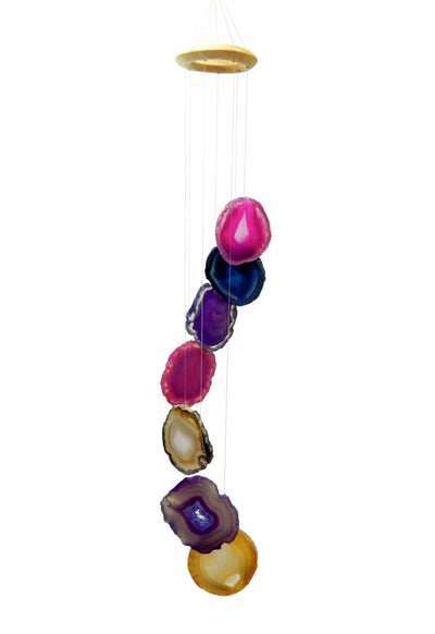 Picture of our multi color agate windchime hanging, displayed on a white background.