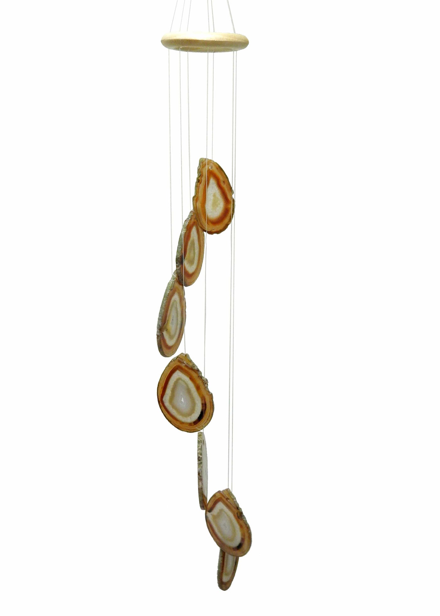 Picture of our red/orange agate windchime hanging, displayed on a white background.