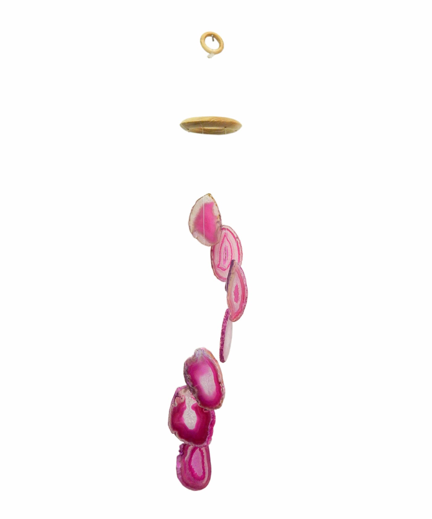 Picture of our pink agate windchime hanging, displayed on a white background.