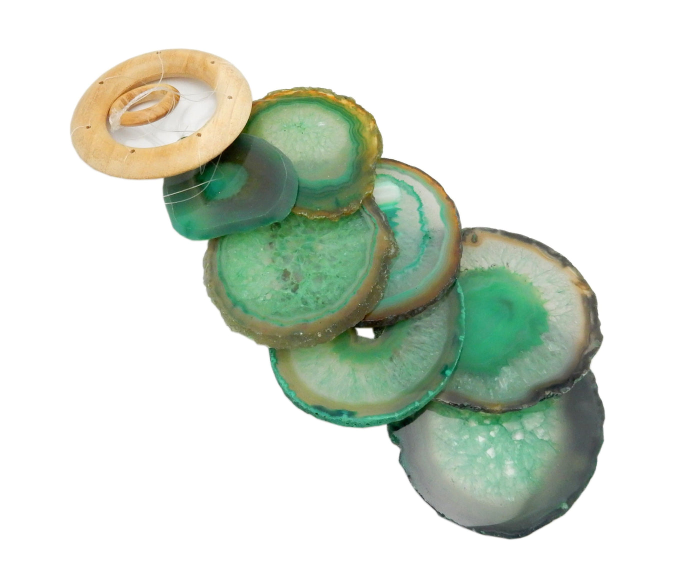 Picture of our green agate windchime, displayed on a white background.