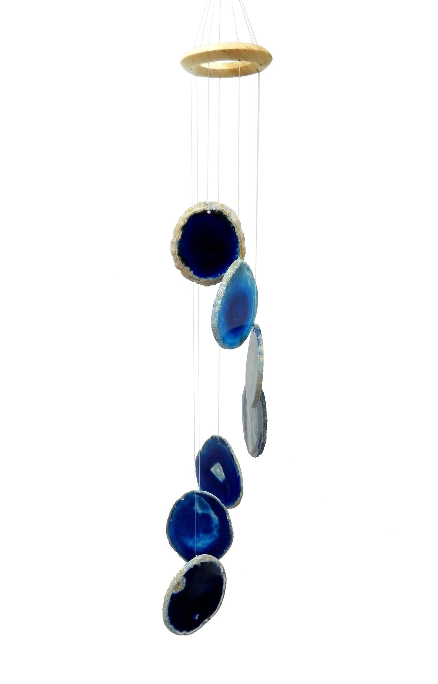 Picture of our blue agate windchime hanging, displayed on a white background.