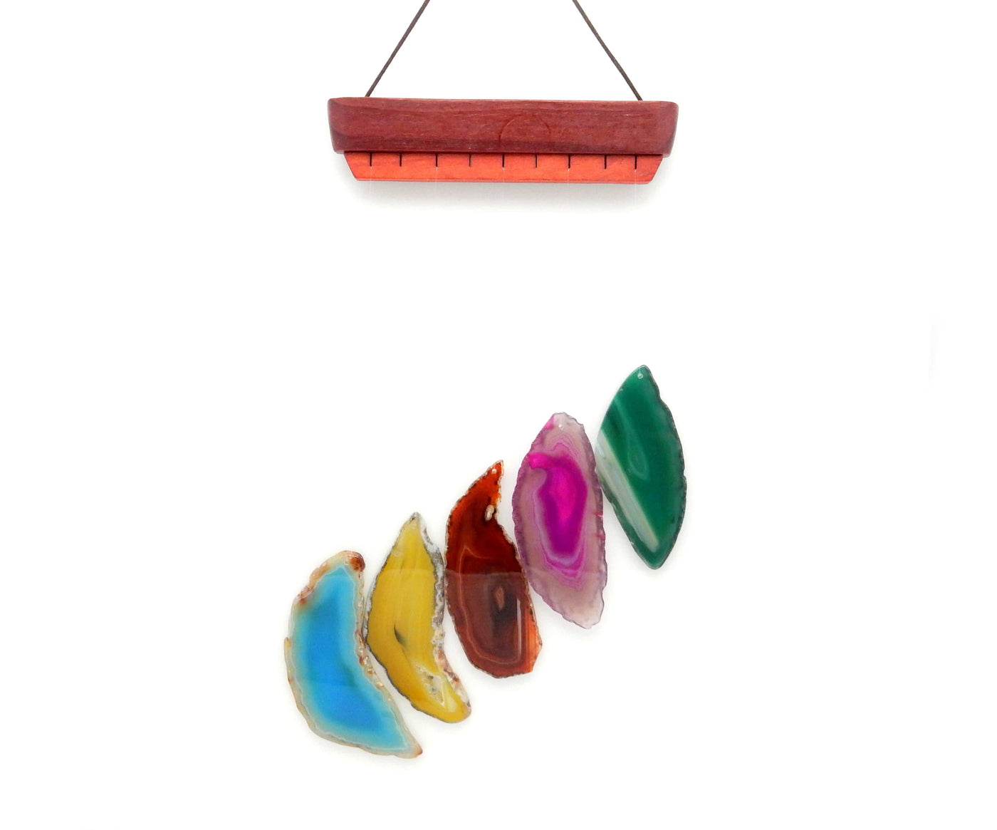 wind chime with wooden top and colorful agate slices