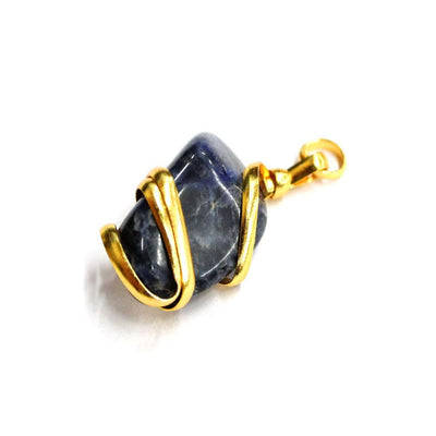 gold wire wrapped sodalite pendant on white background