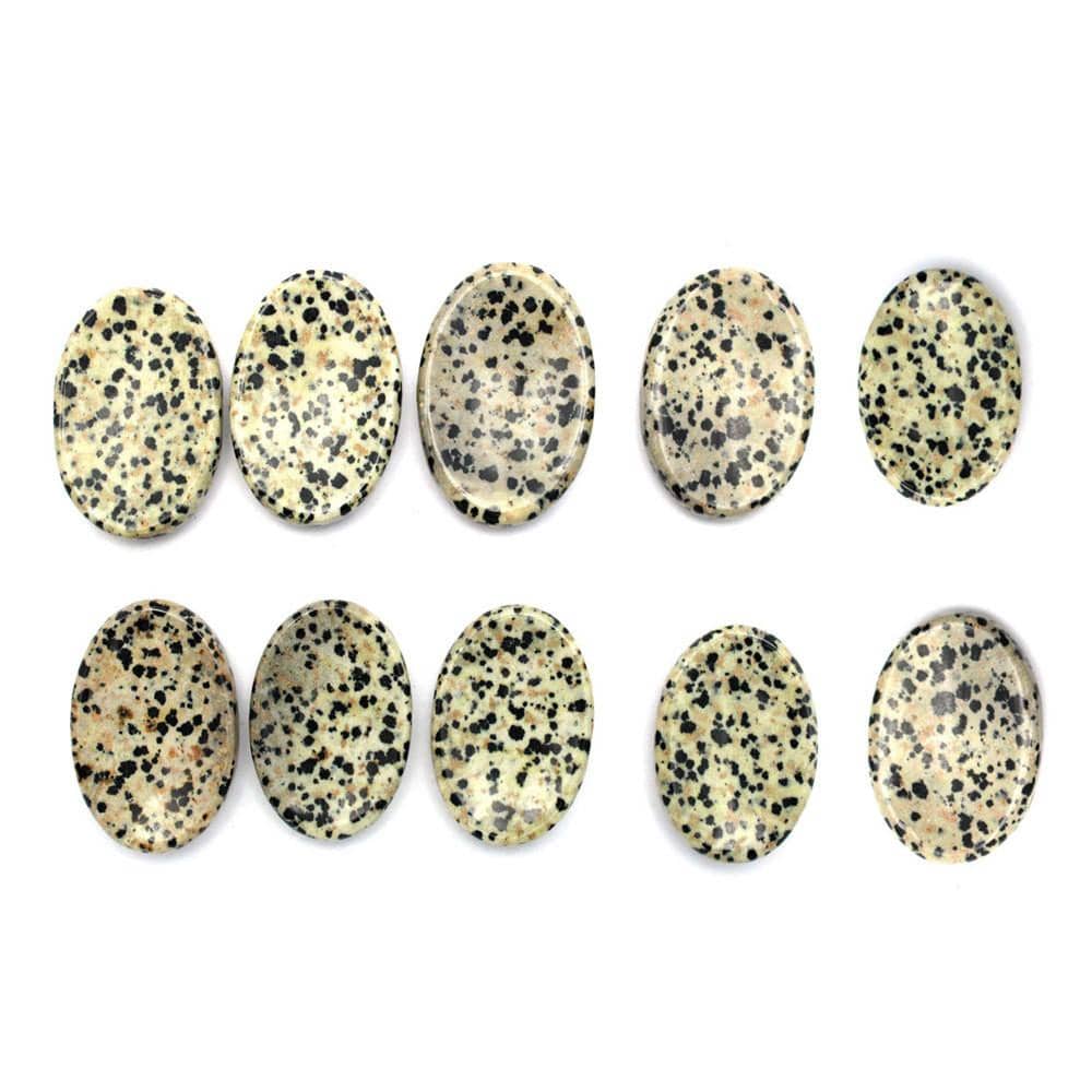 10 Dalmatian Jasper Worry Stones Slab on White background.