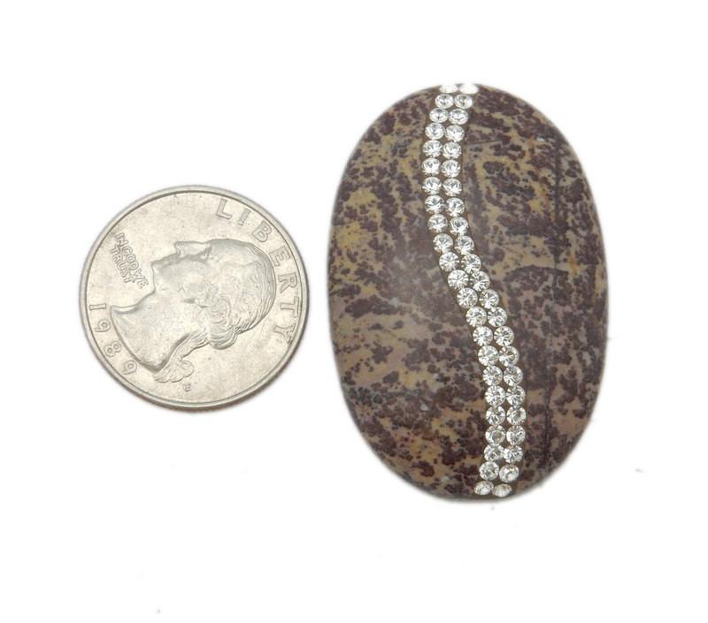 Worry Stones - Oval Jasper Cabachon Or Thumb Stone With CZ Rhinestone Accents  - next to a quarter