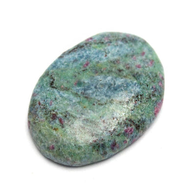 up close shot of ruby fuchsite worry stone on white background