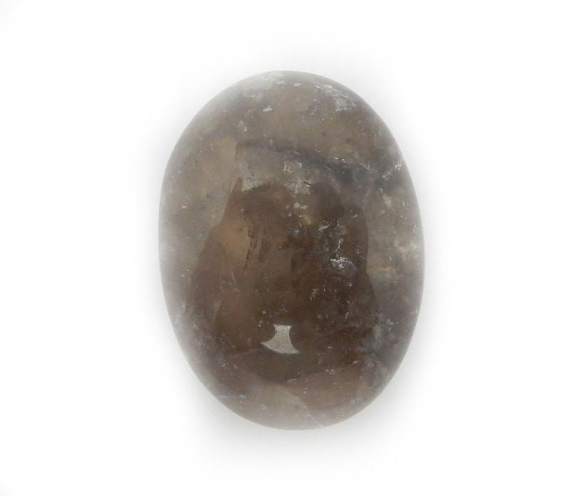 close up of one smokey quartz worry stone on white background for details