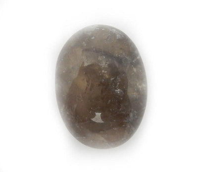 close up of one smokey quartz worry stone on white background for details